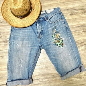 All Saints UPCYCLED patchwork Boyfriend style Bermuda DAMASCUS Jean Shorts